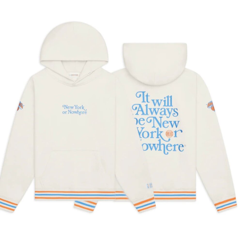 NWT  NYON x Knicks Cream Embroidered Motto Hood